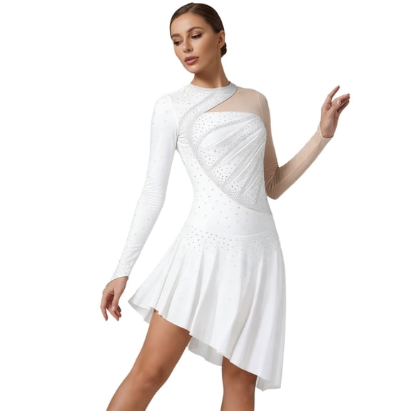 iixpin Women's Shiny Rhinestone Lyrical Dance Costumes Long Sleeve Asymmetrical Figure Ice Skating Dress White L