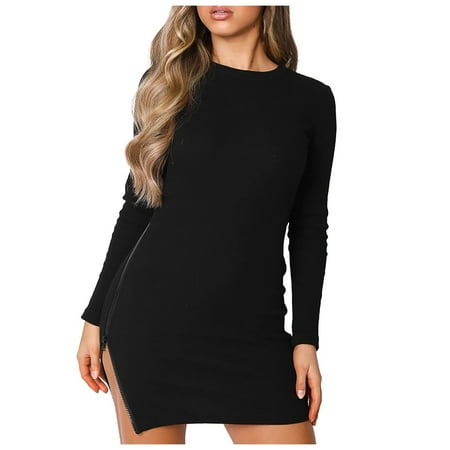 

Ziloco Women Split Long-Sleeved Slim Solid O-Neck Bottoming Dress Blouse maternity shapewear for dresses Black S