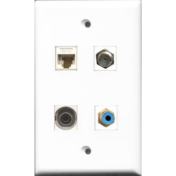 RiteAV 1 Port RCA Blue and 1 Port Coax Cable TV- F-Type and 1 Port 3.5mm and 1 Port Cat6 Ethernet White Wall Plate
