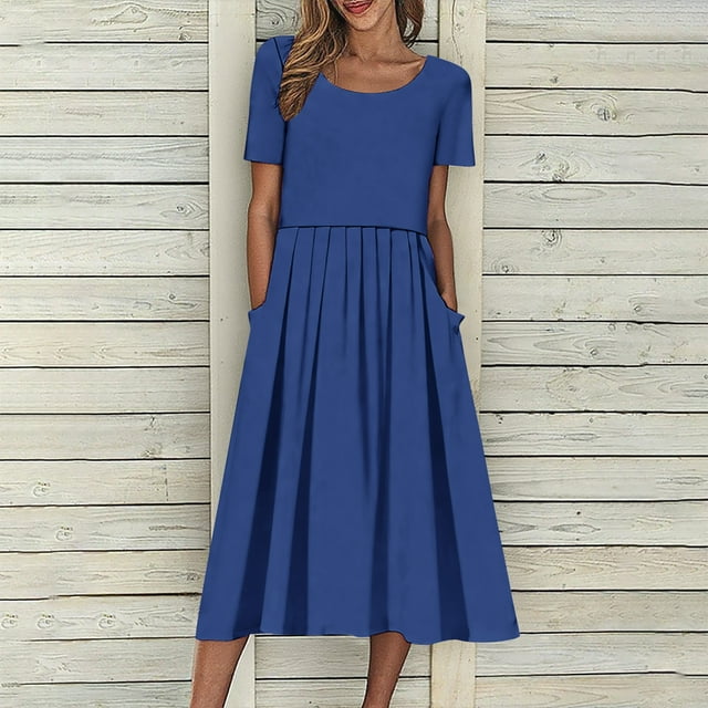 Robes à Manches Courtes Col Rond, Tenue de Fête Décontractée, Design Uni avec Poches, Style Fluide en Ligne A, Occasions Quotidiennes, Mélange de Coton Léger, Occasions Formelles Élégantes, Choix de Mode Tendance