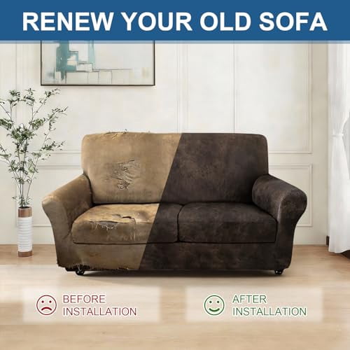 3-Piece Stretch Faux Leather Slipcover for 2-Cushion Loveseat, Heavy Duty Pet Proof Furniture Protector, Non-Slip Sofa Cover with Leather Look, Brown