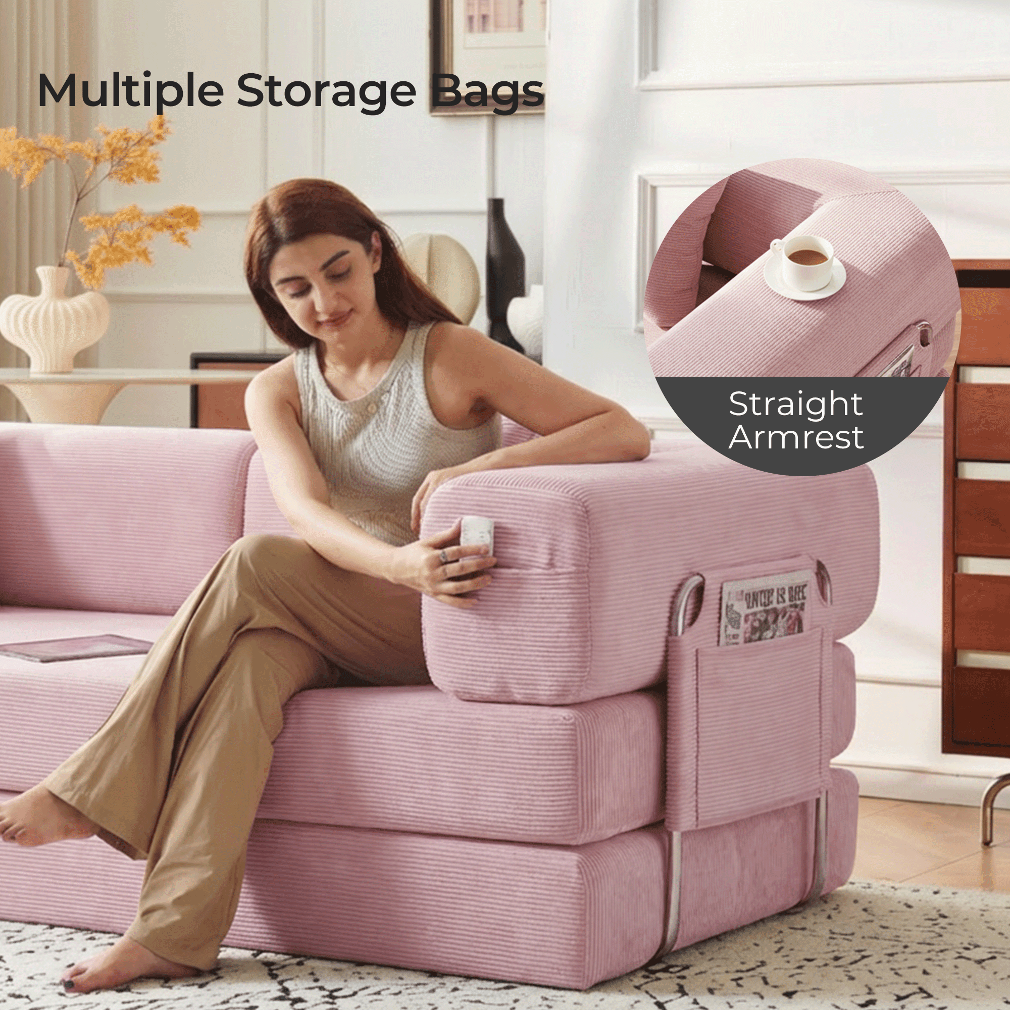 79" Convertible Sofa Bed ,CARZZI LIFE Compressed Floor Boneless Couch Modular Corduroy Sleeper Sofa, Folding Mattress Couch for Small Spaces - No Assembly Needed in Pink with Storge