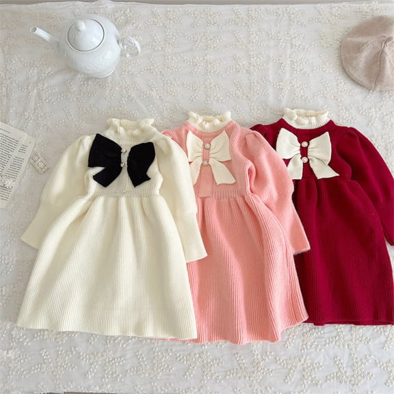 THDHVS Girls Dresses,Girls Knit Long Sleeve Dress Round Neck Spring Fall Casual,Dresses for Girls 2-3 Years