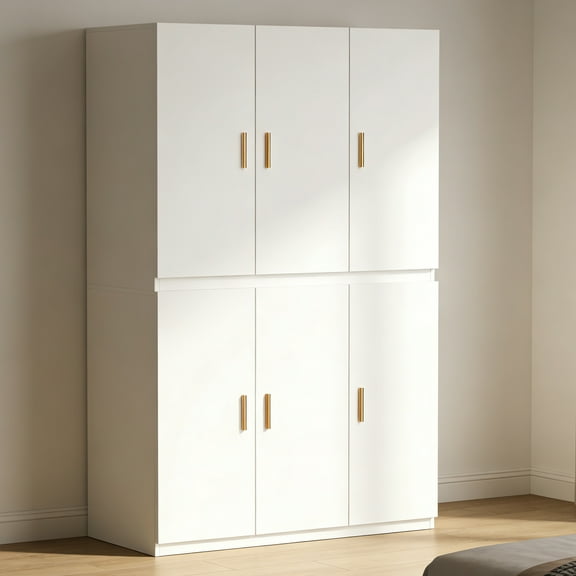 Lumiinofami Armoire Wardrobe Closet with 6 Doors, Wooden Clothes Storage Cabinet with Hanging Rods for Bedroom, White