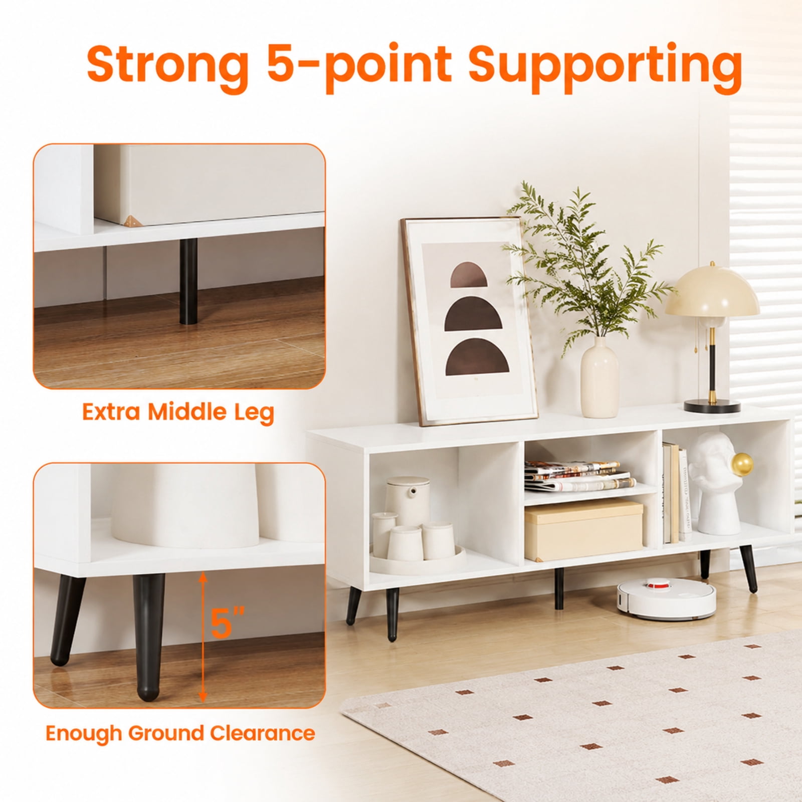 Furnibear 47.5 Inches TV Stand for 55-Inch TV with Compartments and Metal Legs for Living Room Bedroom Media Console Entertainment Center, White