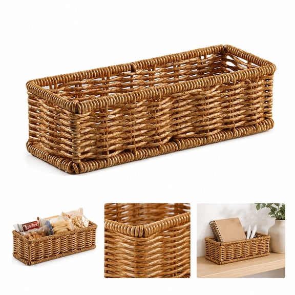 Rectangular Wicker Storage Baskets, 3 Sizes, Woven Shelf and Countertop Organizer Bins, Natural Brown