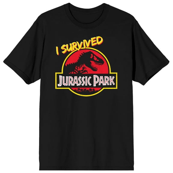 Jurassic Park Franchise Logo text I Survived text on Black Ground Adult Crew Neck Short Sleeve T-shirt - Medium