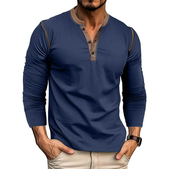 Zylanna Men's Long Sleeve T-Shirts, Homewear Color Block Patching Crew Neck Loose Casual Tops for Men Dark Blue