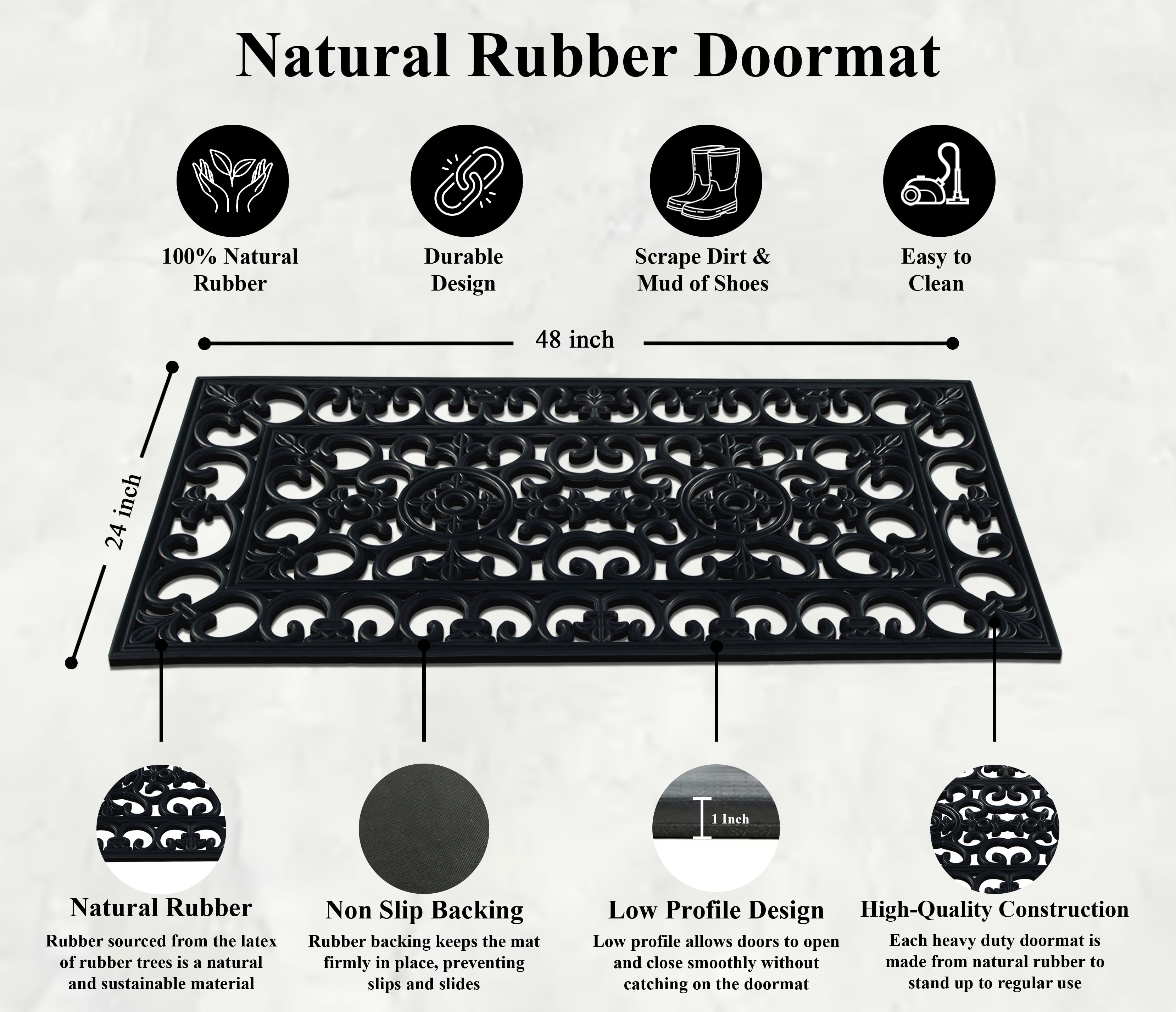 A1HC 10lb Heavy Duty Rubber Doormat 24"x48" - Won't Blow Away, Outdoor Front Door Mat, Mud Dirt Scraper, Non-Slip Drainage Mat for Entryway Patio Garage