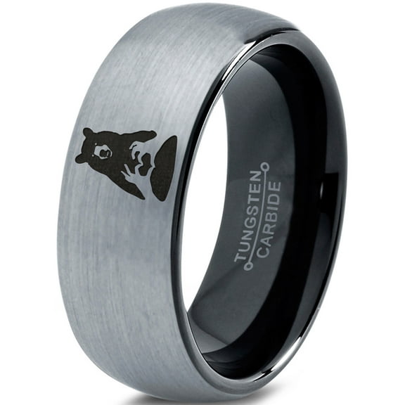 Tungsten Bear Outdoor Wilderness Heart Emoji Hand Band Ring 8mm Men Women Comfort Fit Black Dome Brushed Gray Polished