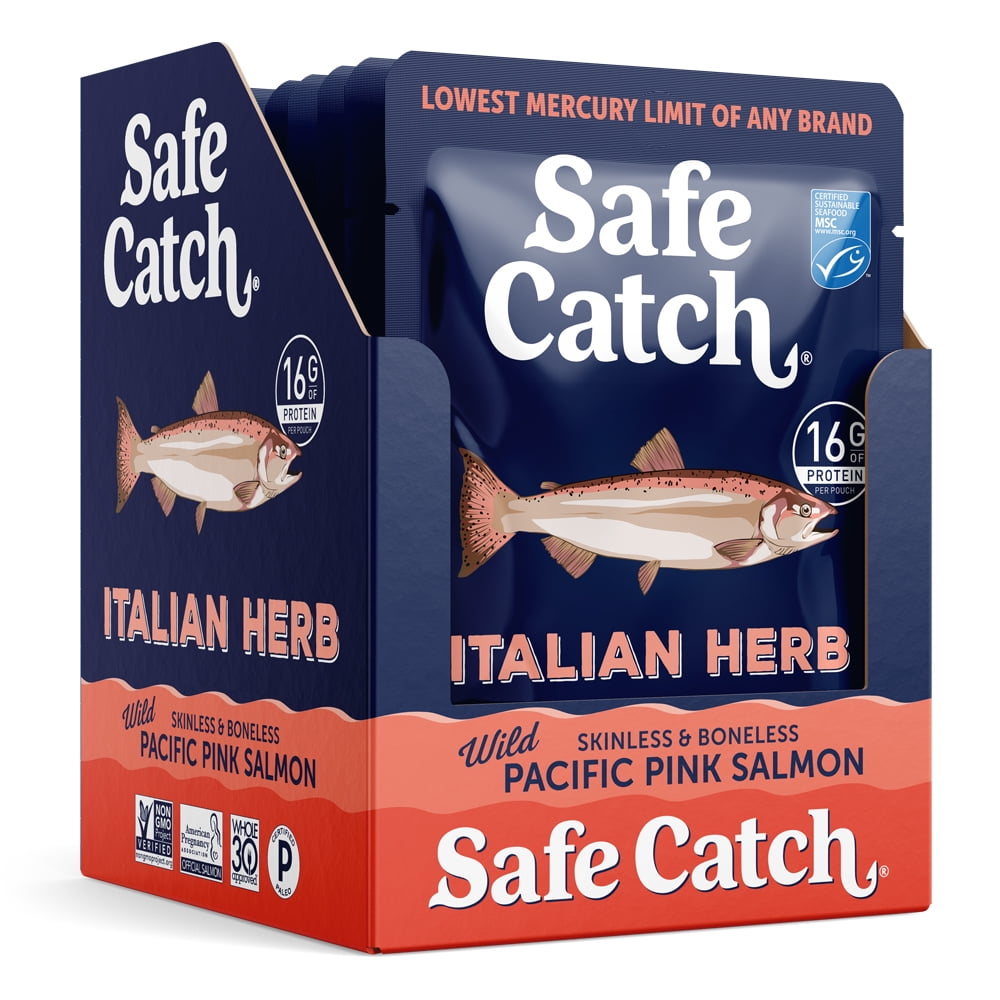 (6 pack) Safe Catch Italian Herb Wild Pacific Pink Salmon, Skinless & Boneless, 2.6 oz Pouch – Seasoned Salmon for Salads, Pasta, and Snacks