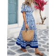 thumbnail image 6 of Womens Blue & White Floral V-Neck Waist-Gathered A-Line Flare Sleeve Maxi Dress, Spring Summer Casual Vacation, 6 of 8