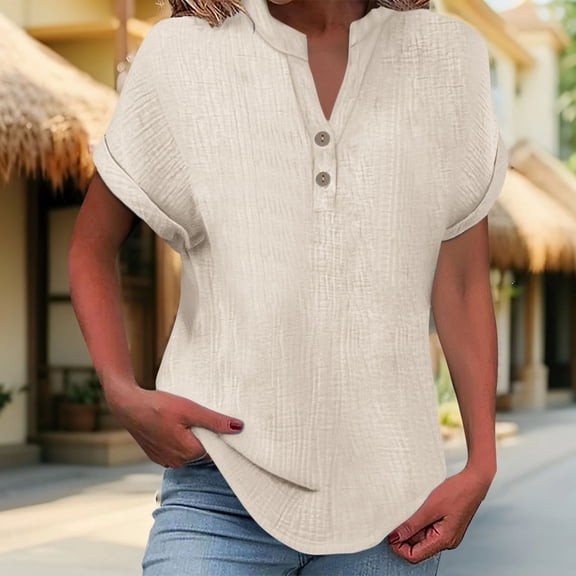 Womens Short Sleeve Tops Women's Fashionable and Casual Solid Color V Neck Wrinkle Cloth Button Short Sleeve Rolled Up T Shirt Tops for Women