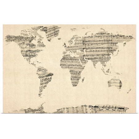 Great BIG Canvas | "World Map made up of Sheet Music" Art Print - 48x32