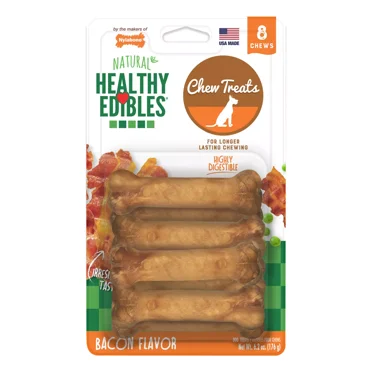 Nylabone Healthy Edibles Bacon Dog Treats – 8 Pack, Natural Ingredients, Vitamins & Minerals, Highly Digestible Chew Treats for X-Small Dogs (Up to 15 lbs), Irresistible Bacon Flavor
