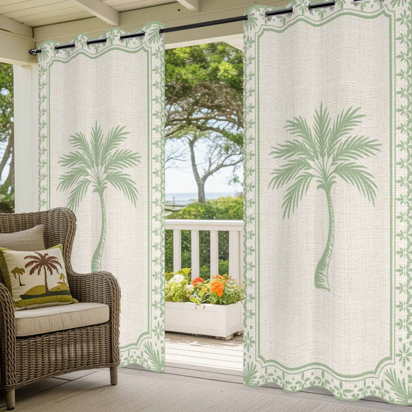 Palm Tree Outdoor Curtains for Patio, Coastal Tropical Green Palm Tree Border Linen Sunshade Privacy Drapes Grommet Waterproof Outside Curtains for Porch/Cabana/Balcony 54"x 108", 2 Panel