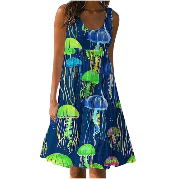 Giftesty Summer Dresses for Women Womens Fashion Holiday Summer Casual Printing Sleeveless Party Beach Loose Dress