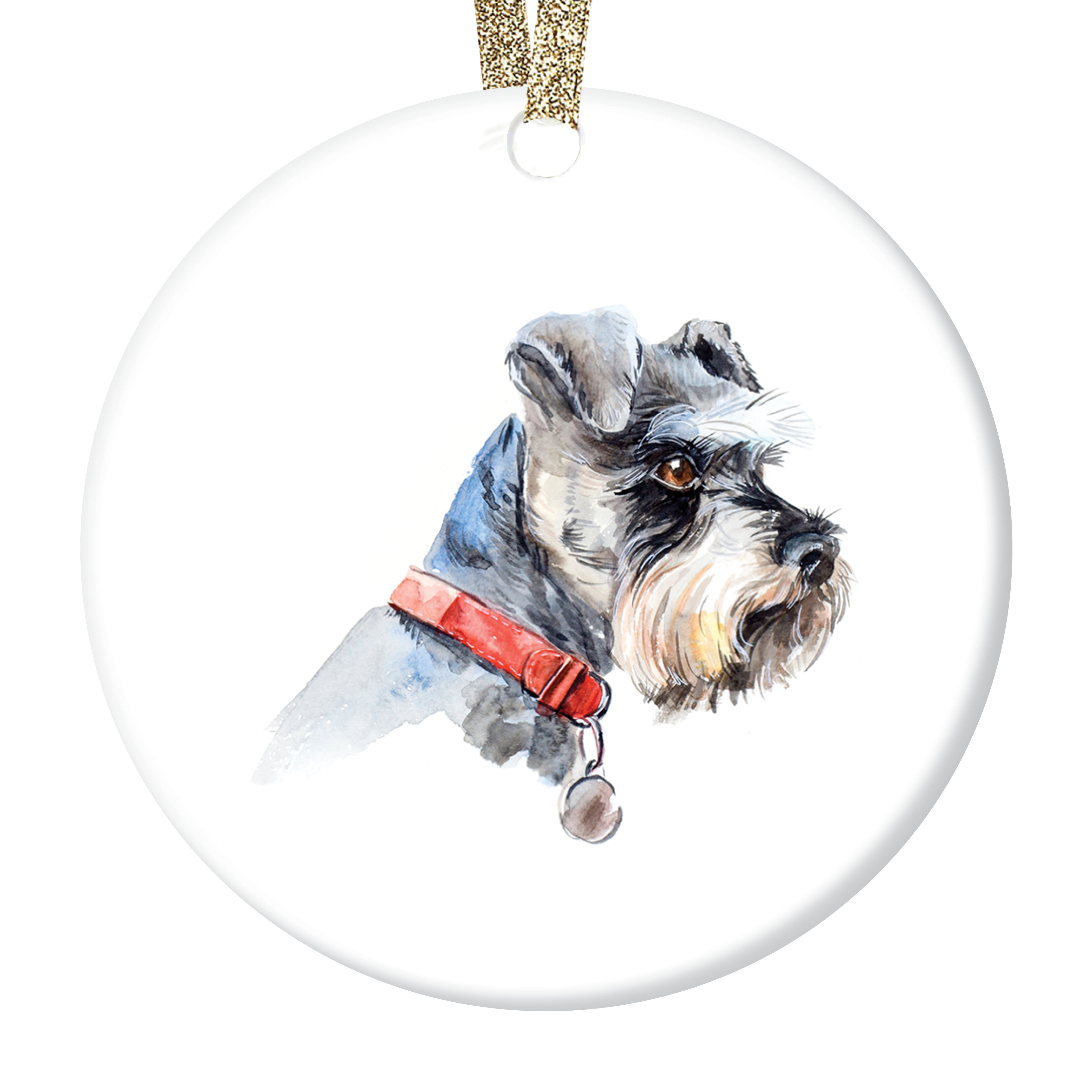Digibuddha Schnauzer Christmas Ornament Porcelain Ceramic Dog Ornament Watercolor Miniature Schnauzer Family Dog 3 Flat Circle Christmas Ornament Glossy Glaze Ribbon Gift Box Or00136 Walmart Com Walmart Com