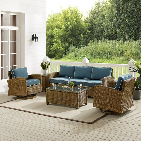 Patio Swivel Rocker Sofa Set - 5 Piece Outdoor Furniture - NavyWeathered Brown