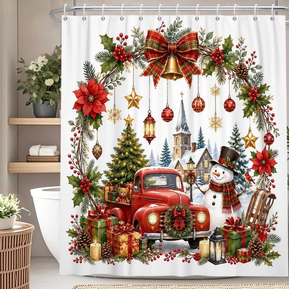 Red Christmas Shower Curtain,Truck Snowman Winter Holiday Bathroom Curtain 47 x 72 Inch,Polyester Fabric Waterproof Bath Decor with Hooks