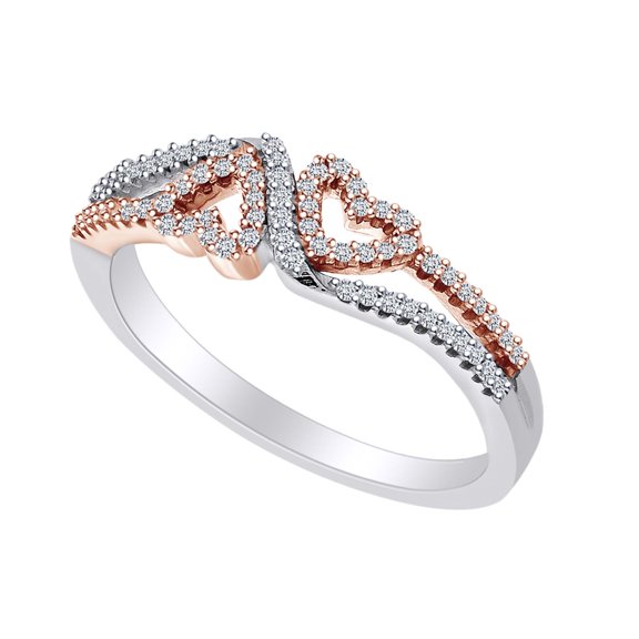 AFFY 1/5 Carat Round Shape White Natural Diamond Double Heart Promise Ring In 10K Two Tone Gold (0.20 Cttw)-Ring Size-5