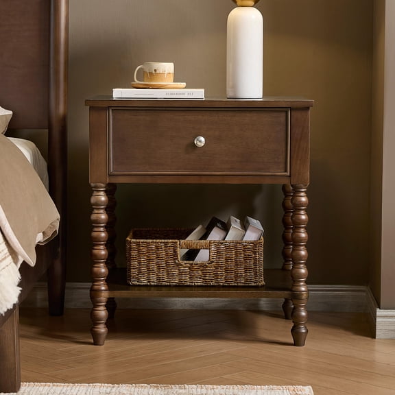 Merluxy Solid Wood Nightstand with Turned Legs, Vintage Wide Bedside Table with Drawer, Wooden End Table for Bedroom/Living Room, Dark Walnut