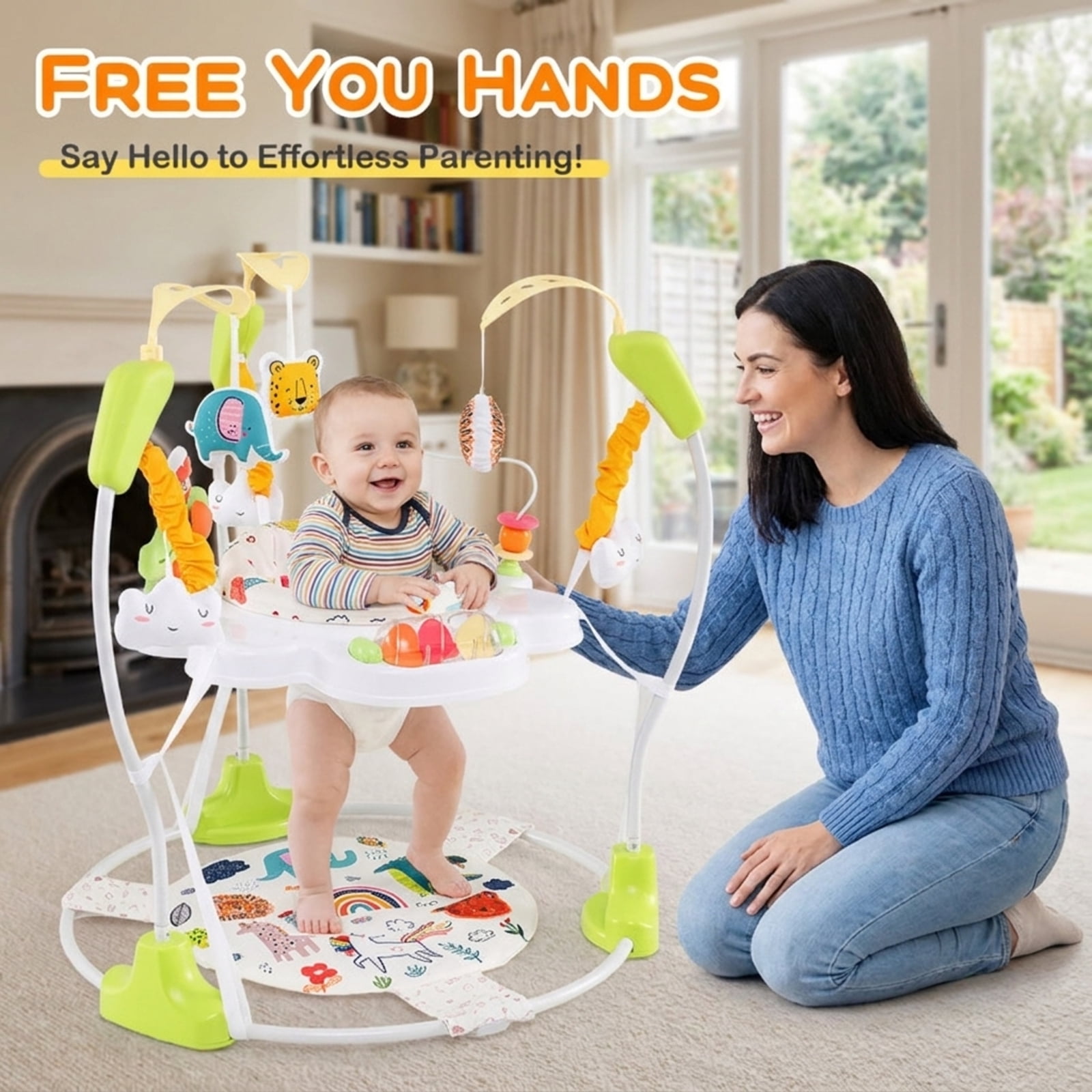 SUGIFT Adjustable Bouncer Activity Center Saucer with 360 Degree Rotating Seat, Ten Interactive Toys, Musical Light Tray and Padded Seat for Nursery Play, Yellow