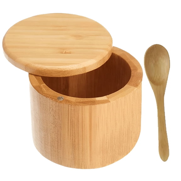 ACDANC Premium Bamboo Salt Container,Salt Cellar with Magnetic Swivel Lid - Salt Box with Spoon