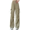 thumbnail image 2 of lulshou Women's Cargo Pants with Pockets Ice Silk Thin Solid Color Straight Leg Work Pants with Drawstring Trousers, 2 of 5