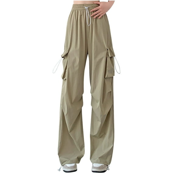 Owordtank Cargo Pants Womens Fashion Wide Leg Pants Baggy Parachute High Waisted Casual Drawstring Workout Jogger Pants
