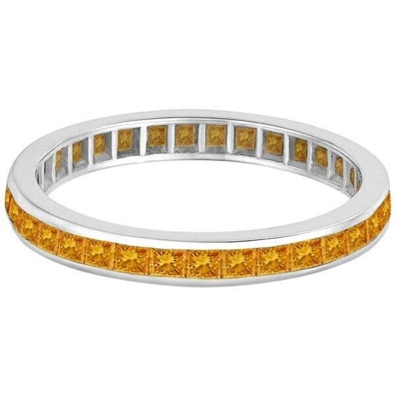 Channel Set Princess-Cut Citrine Eternity Ring Band 925 Sterling Silver Gemstone Jewelry For Women Gift