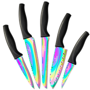 SiliSlick Kitchen Knife Set. 5 Elegant Knives, Chef Quality, SS Blades With Ergonomic Handles, Rainbow Effect, Titanium Coating & Safety Sheath (Black Handle)