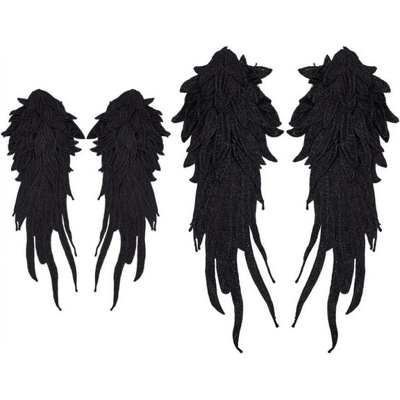 1Box 2 Pairs Black Angel Wings Lace Applique Sew on Dress Shoulder Badge Ornament Polyester Embroidery Decorative Lace Patch for Party Wedding Evening Dresses 16.3x6.5 inch & 11.6x4.5 inch