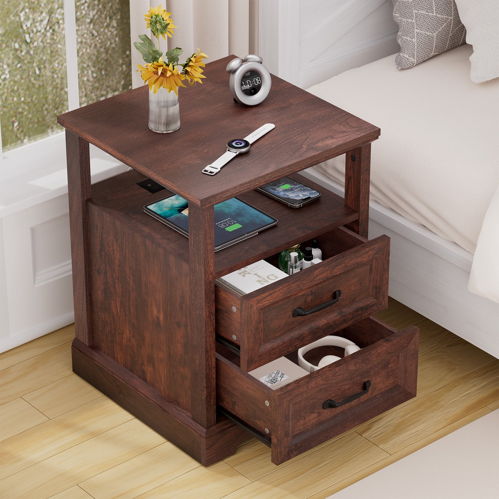 Hommpa Farmhouse End Tables for Living Room, Nightstand with Charging Station, Rustic Sofa Side Table with 2 Drawers and Storage Shelf, Bedside Cabinet for Bedroom, Brown