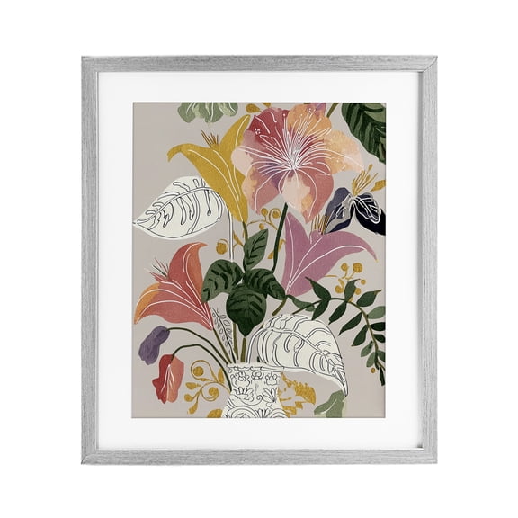 Playful Flower Bouquet Gray Framed Print Under Glass, design by Annabelle Hall