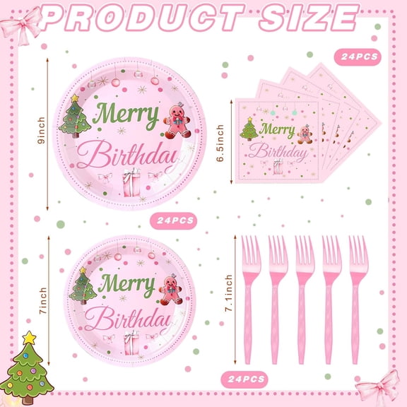 YUYAN-96 Pcs Pink Gingerbread Merry Birthday Party Supplies Christmas Plates and Napkins Set Pink Gingerbread Man Christmas Party Decoration Disposable Plates for Xmas Merry Birthday Supplies
