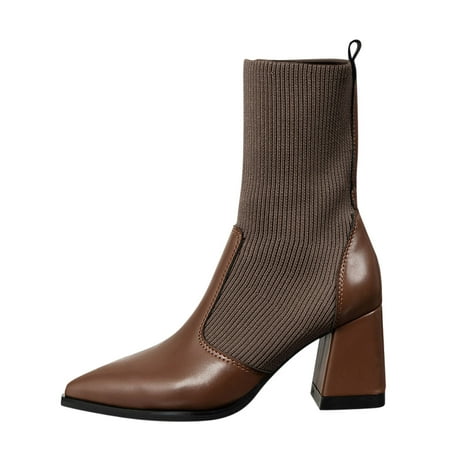 DVKOVI Womens Dressy Shoes Mid Calf Cowgirl Boots Women Ankle Boots Autumn and Winter Heel Medium Heel Pointed Cloth Socks Shoes Solid Color Casual High Heel Boots for Women Brown 37