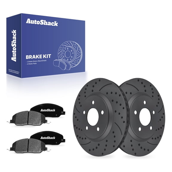 AutoShack Front Vented Drilled & Slotted Coated Brake Rotors Black Matte Finish   Ceramic Pads 6-PC Brake Kit Replacement for 2005-2010 Ford Mustang BlackShield 12.45" (316.2 mm)