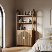 BELLEZE Book Shelf 72 Tall Arched Bookcase With Storage, 3 Tier Mid Century Modern Bookshelf With Doors, Modular Bookshelves For Living Room Office Kids Room Library (Caramel Brown)