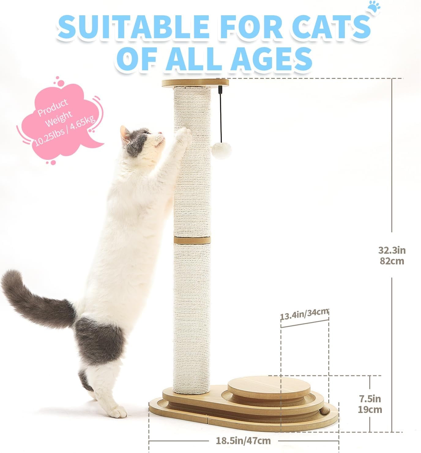 s 32 Inch Tall  Scratching Post with Interactive Ball Track and Sisal Rope for Indoor Cats
