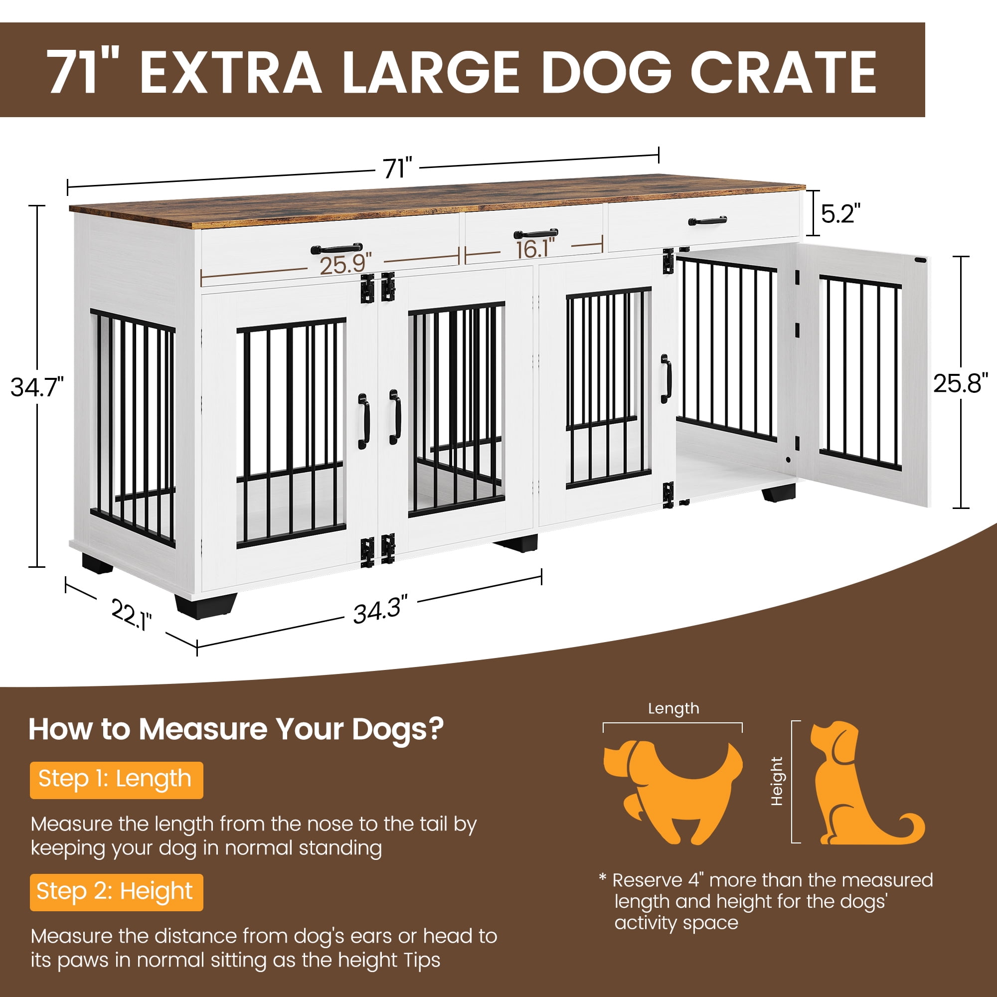 71-Inch Large Dog Crate with 3 Drawers for 2 Dogs, Spacious Wooden Indoor Kennel with Divider, Large Breed Dog Crate and TV Stand, Perfect for Medium Large Dogs