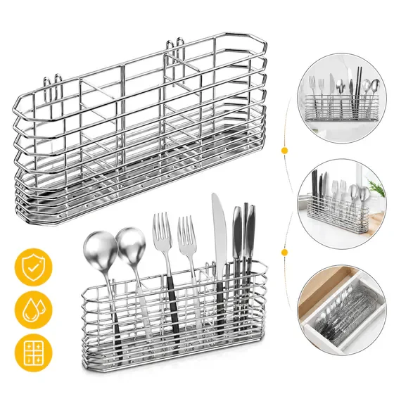 304 Stainless Steel Utensil Holder, Hanging Sink Drain Basket for Kitchen, Rust Proof Utensil Drying Holder, Silverware Caddy with Hooks, Kitchen Utensil Organizer for Dish Drying Rack