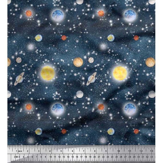 Soimoi Poly Georgette Fabric Planet & Sun Galaxy Fabric Prints By Yard 42 Inch Wide