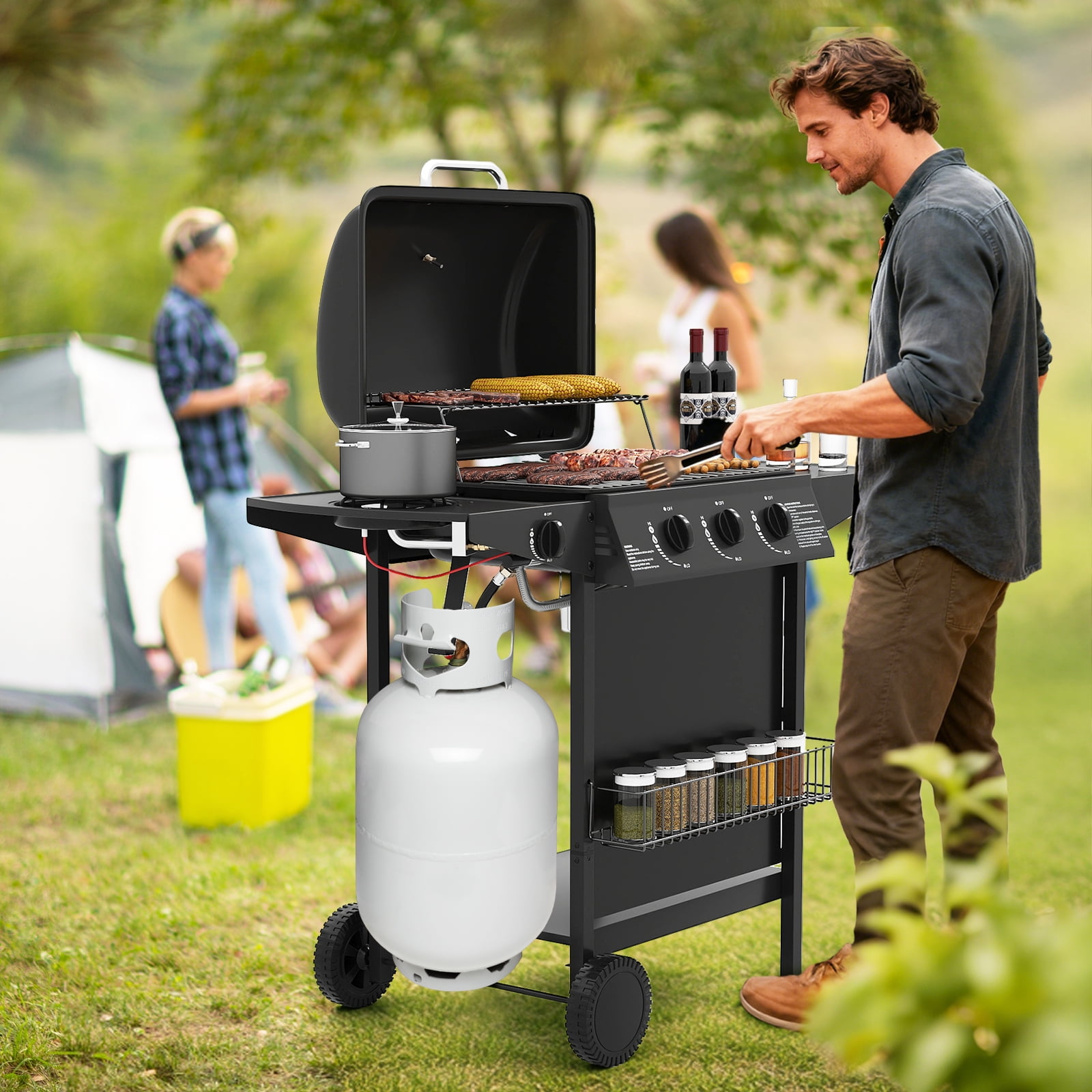 Gymax 39000 BTU Outdoor Cooking Grill w/ Storage Shelves & Porcelain-Enameled Grates