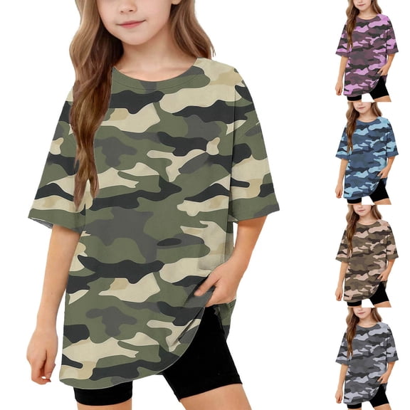 Vornjynx Girls Short Sleeve Tee Comfort Soft Camouflage Print Round Neck Trendy Summer Casual T-Shirt Army Green Size 8