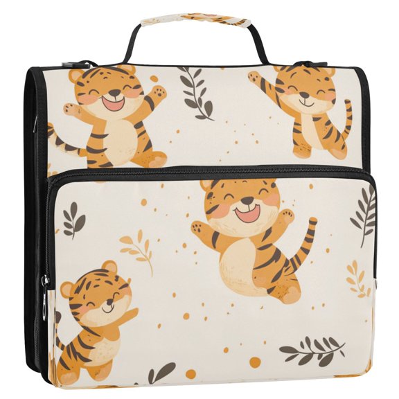 WOBOGO Cute Smile Jumping Tiger Ring Binder Bag 1.5in Folder Organizer with Shoulder Strap for 13Inch Laptop and 500 Sheets of Paper
