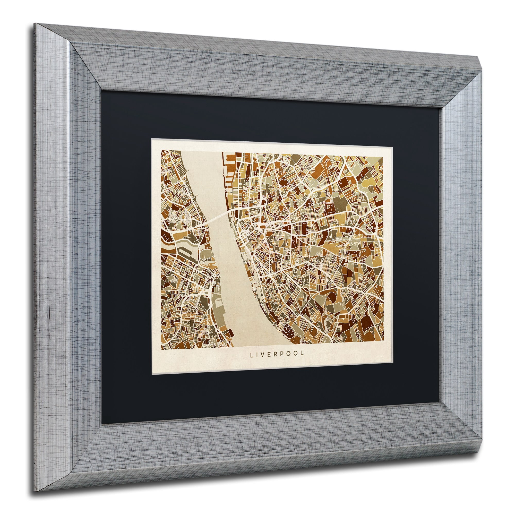 Trademark Fine Art "Liverpool England Street Map 3" Canvas Art by Michael Tompsett, Black Matte, Silver Frame
