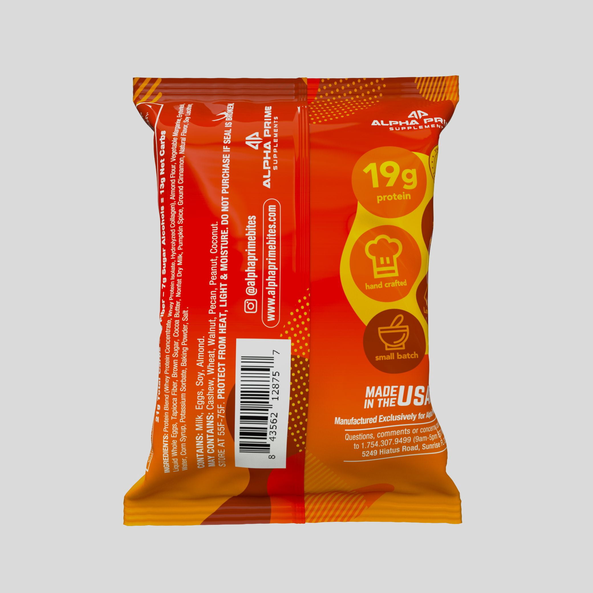 Prime Bites Protein Brownie with 19g Protein and 5g Collagen - Pumpkin Spice, 12 Count
