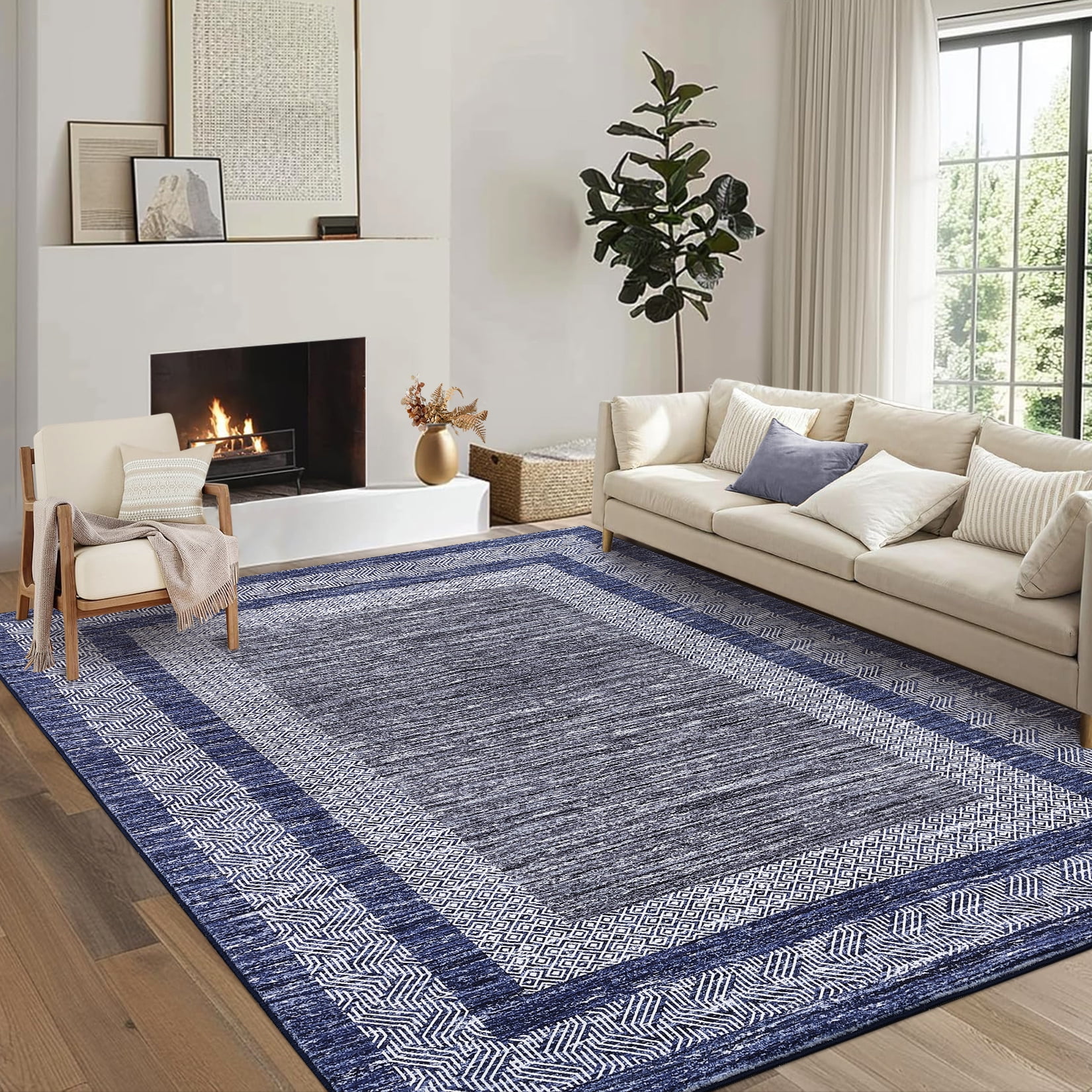 Hasoo Blue Area Rug 9' x 12' Rugs for Bedroom Washable Modern Geometric Bordered Indoor Rug Carpet Soft Lightweight Foldable Nonslip Rug