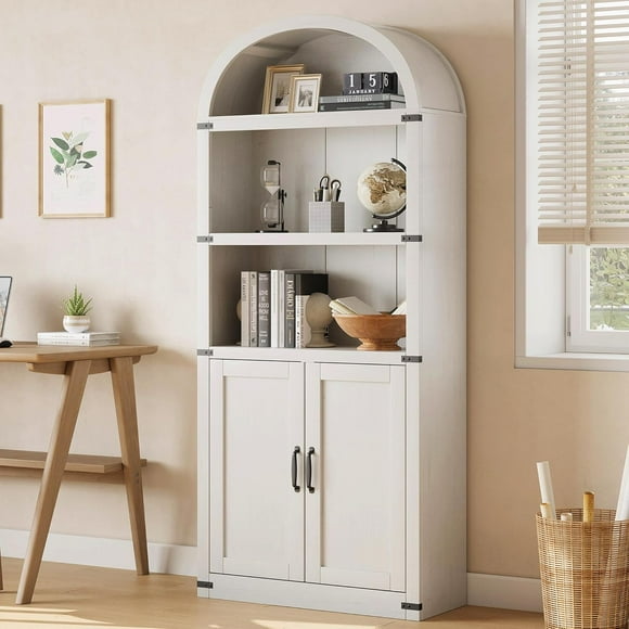 Bookcase 5 Shelf Arched Bookshelf with DoorsTall Bookcase Farmhouse Display Storage Rack Wooden Bookshelves for Home Office